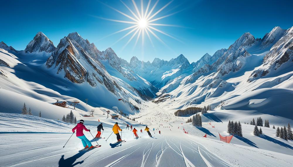 magnific-q8FiAyYhyNFoUMY6Y1kJ-DALLÂ·E 2023-12-01 17.24.47 - A scenic Alpine wintersport landscape, vibrant skiers in colorful gear gliding down snowy slopes. Towering, snow-capped peaks in the background with p.jpeg